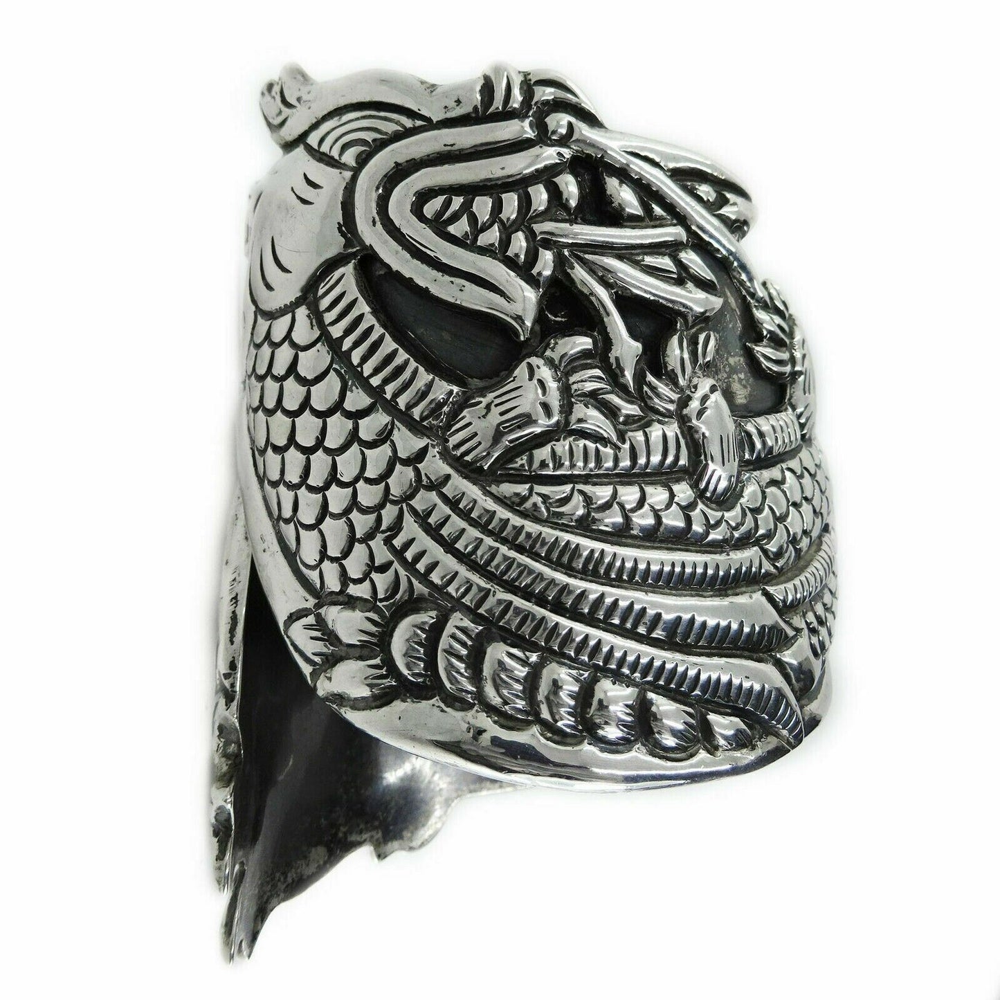 Taxco Stunning Pre-1948 Sterling Hinged Bypass Dragon Repousse Clamper Bracelet