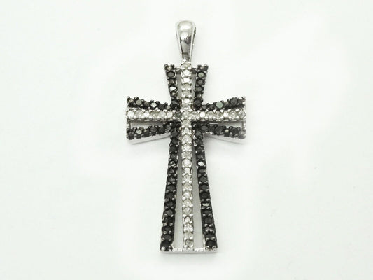 Heng Ngai Black & White CZ Openwork Cross Pendant 10k White Gold