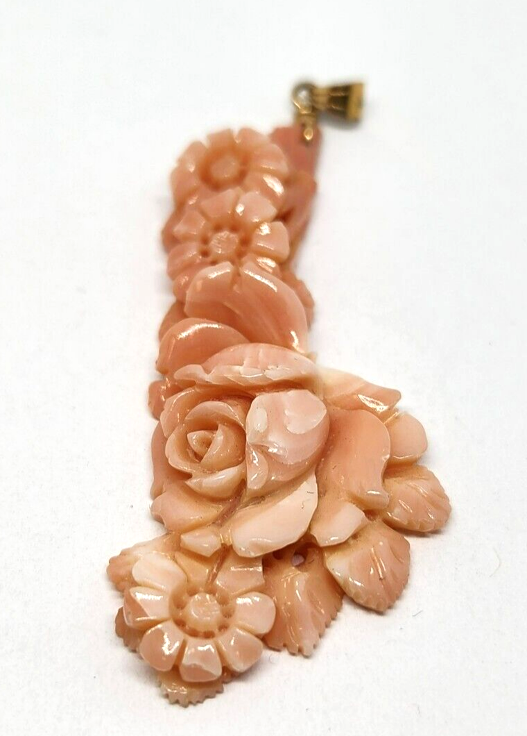 Carved Floral Angel Skin Coral 14k Gold Pendant 2.5" Long