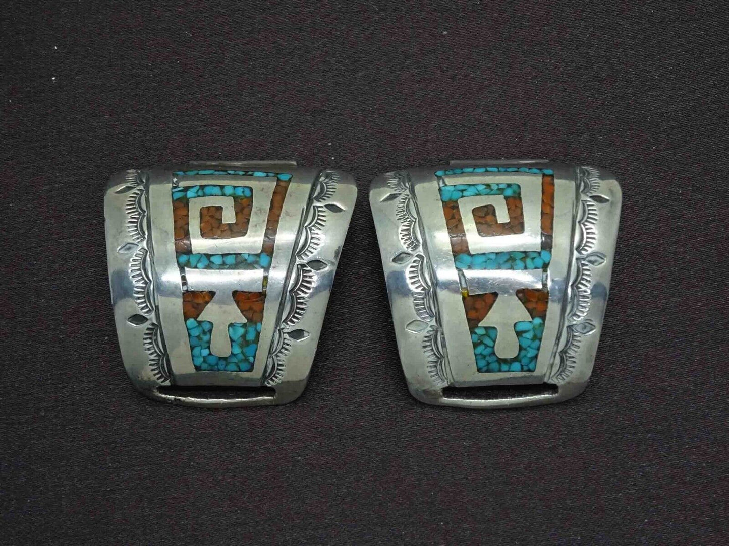 Native American Navajo Herman Coan Inlay Coral & Turquoise Sterling Watch Tips