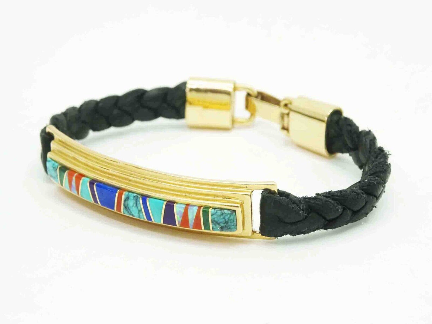 Calvin Begay TSF Navajo Center Station Inlay Bracelet 14k Gold & Leather