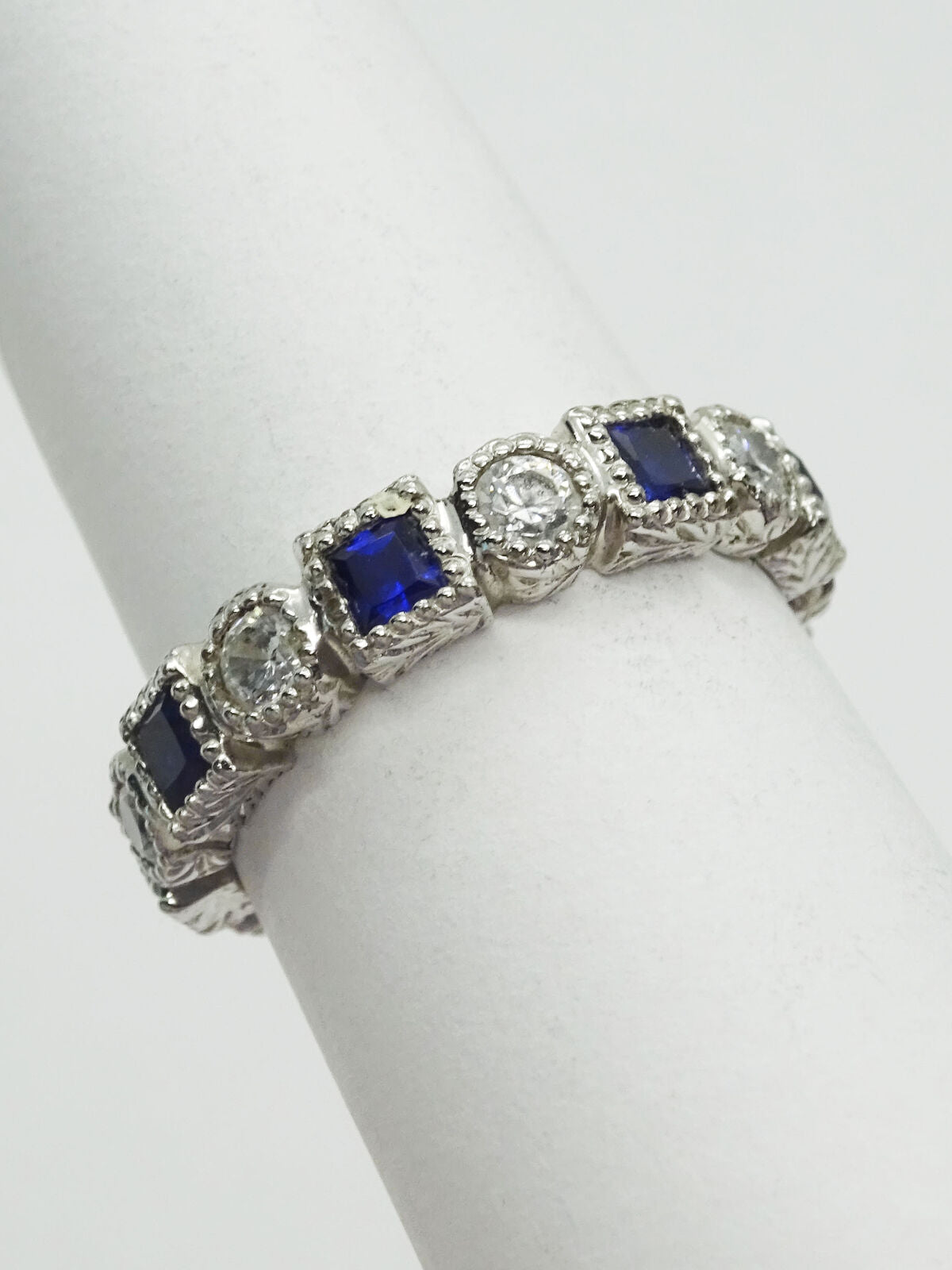 Blue Sapphire & CZ Sterling Silver Eternity Band Ring Size 6