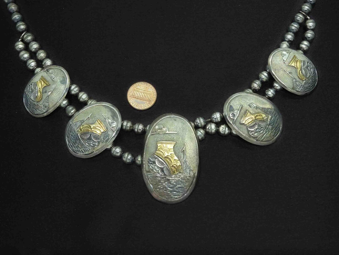 Vintage Artisan Sterling Silver Bead Necklace Pottery Art Engraved Discs Signed