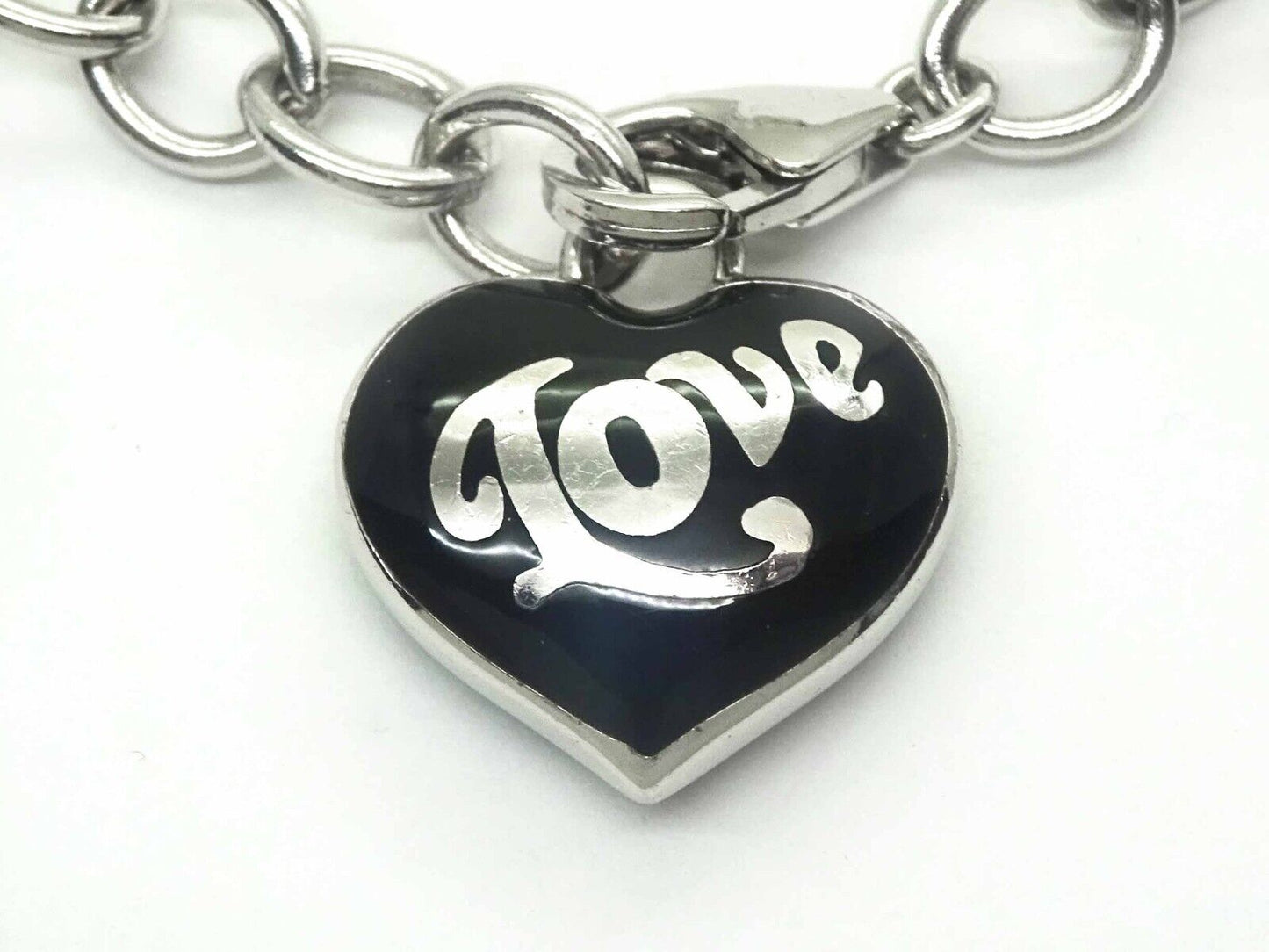 Esprit "Love" Black Enamel Puffy Heart Charm Necklace Sterling Silver