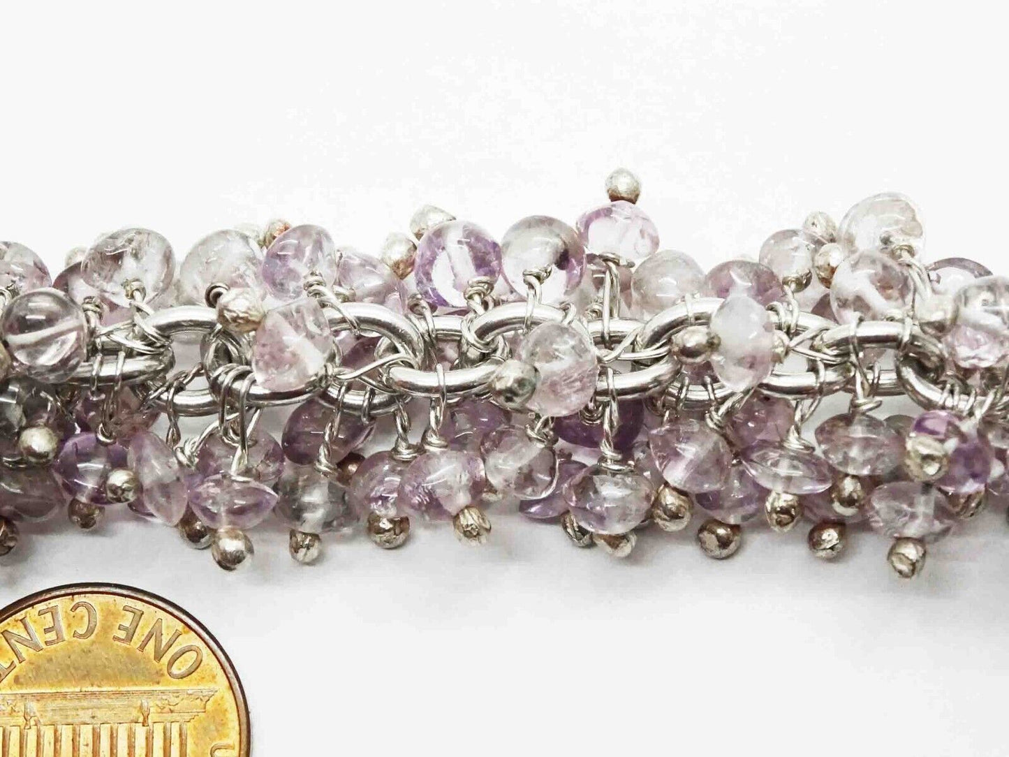 Natural Light Amethyst Dangle Bead Charm Toggle Bracelet Sterling Silver