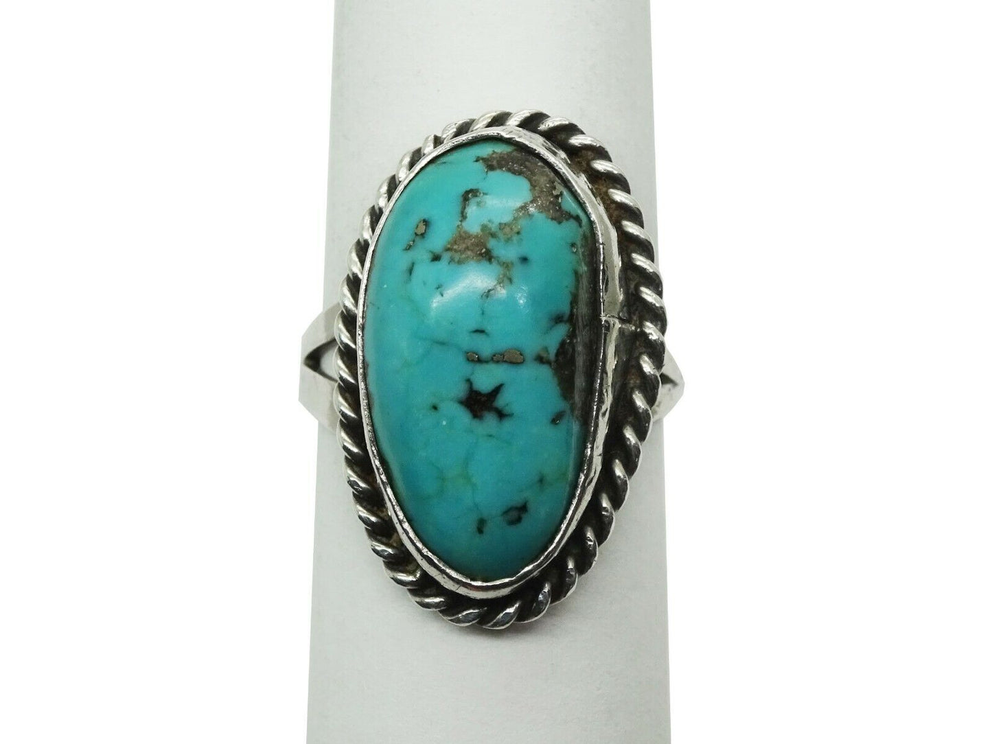 Southwestern Oval Turquoise Solitaire Split Shank Ring Sterling Silver Size 7.25