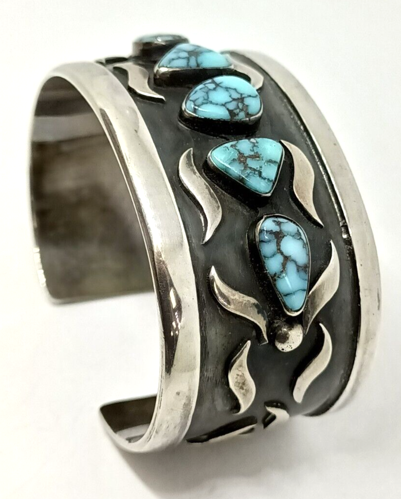 Southwest Spiderweb Turquoise & Sterling Silver Shadow Box Cuff Bracelet 5.5''