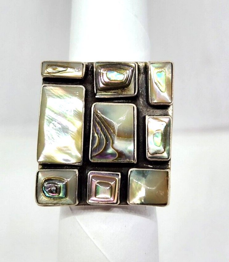 Checkerboard Natural Abalone Shell Sterling Silver Ring, Size 6