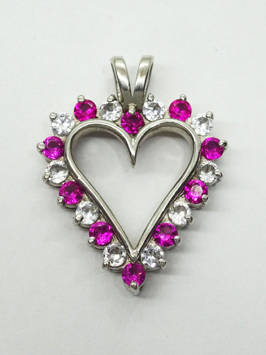 Ruby & CZ Open Heart Pendant Rhodium Plated