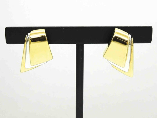 Geometric Step Design Two-Tone Drop Earrings 14k Yellow & White Gold