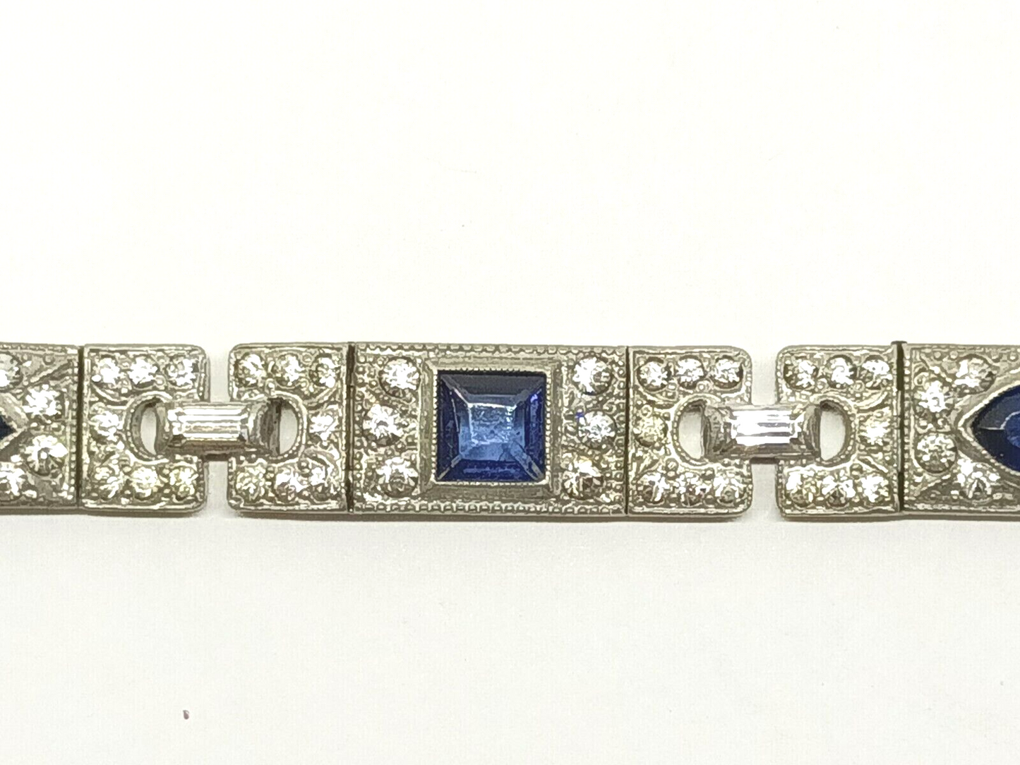 Antique Art Deco Rhinestone Bracelet Dark Cobalt Blue & Clear Sparkly Crystals