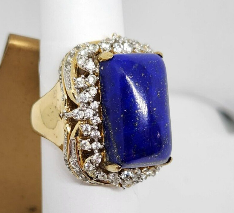 Natural Lapis Lazuli & CZ Vermeil Sterling Silver Ring, Size 7