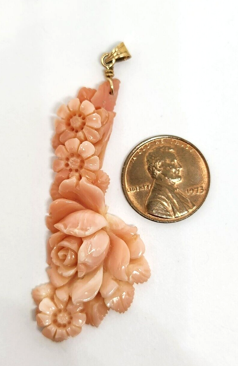 Carved Floral Angel Skin Coral 14k Gold Pendant 2.5" Long