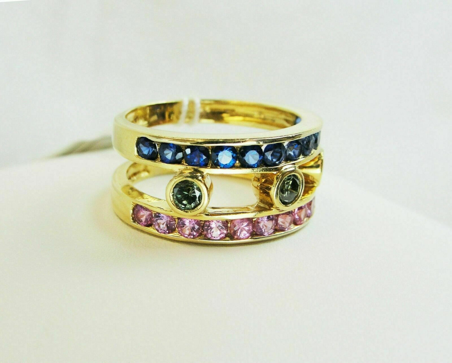 2.31ct tw Green Diamond, Blue & Pink Sapphire 18k Gold Semi-Eternity Ring, Sz.9