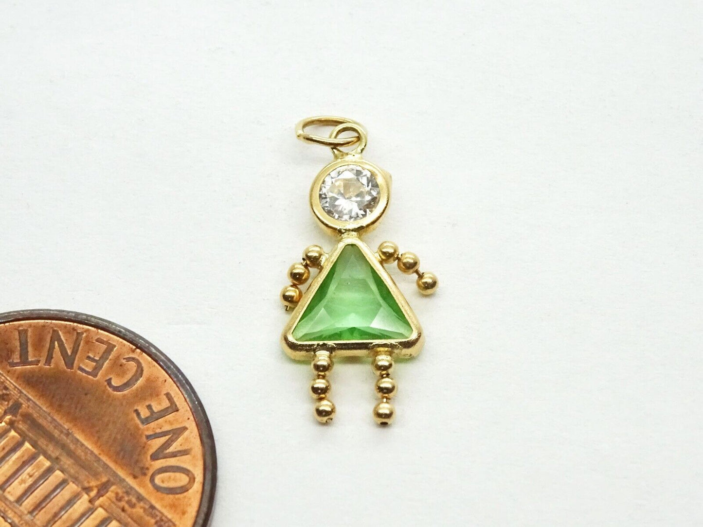 Green & White CZ May Girl Birthstone Charm 14k Yellow Gold