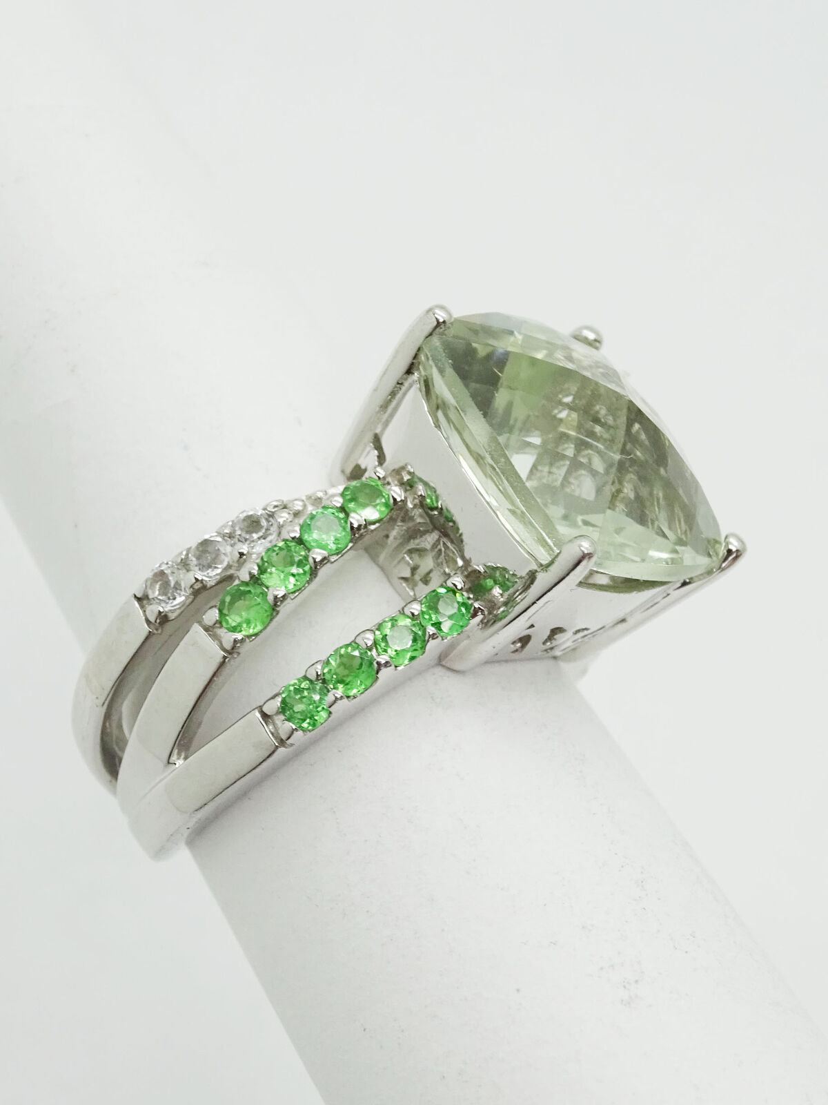 Fantasy Cushion CZ Green & White Sterling Silver Filigree Ring Size 5