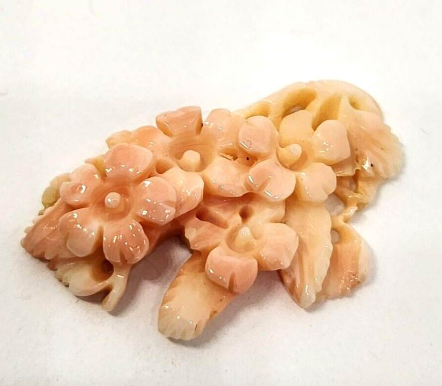 Carved Floral Angel Skin Coral Charm 1.25" Long