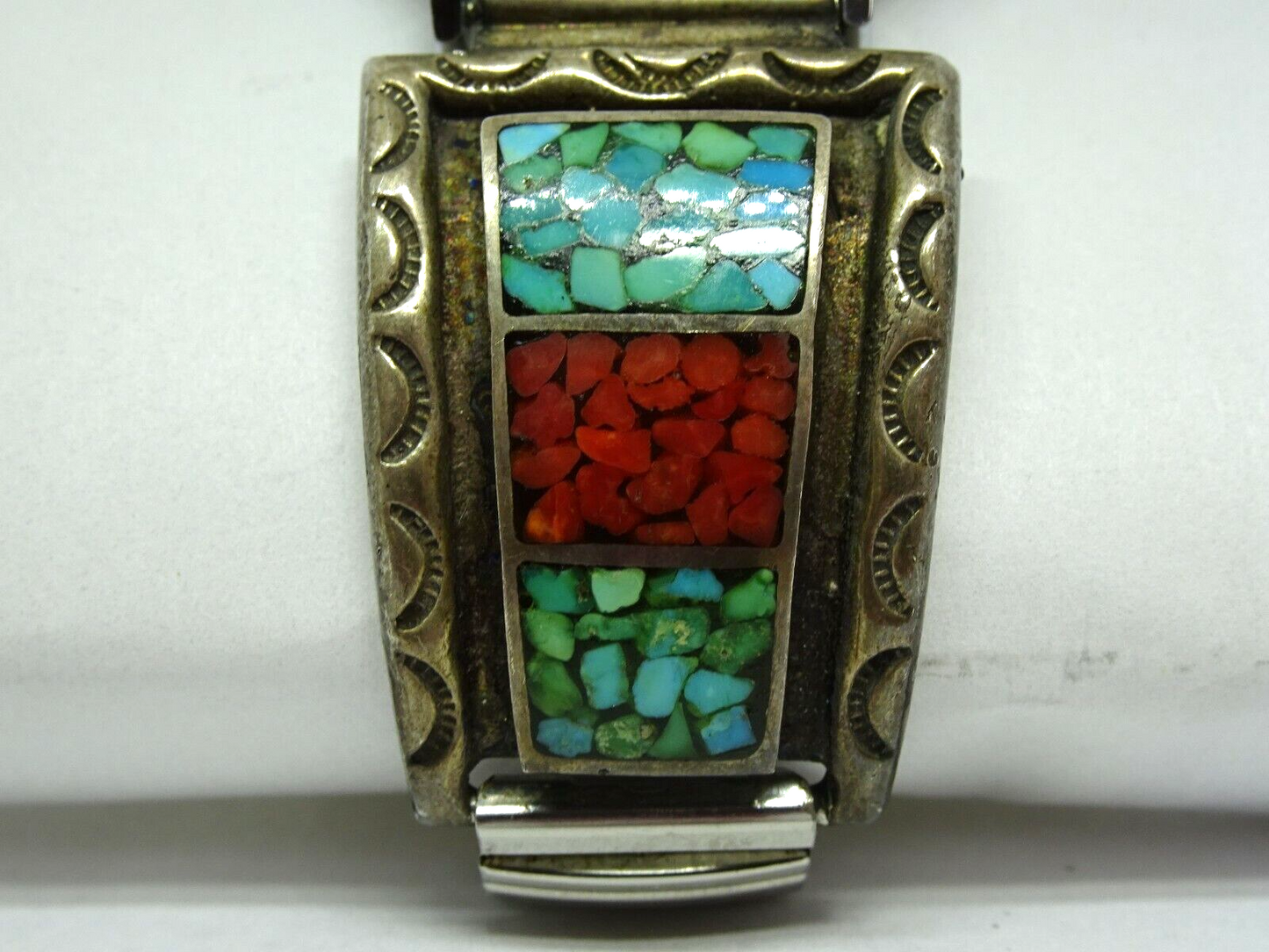 Old Pawn Navajo Big Turquoise & Coral Inlay Sterling Watch Tips Signed