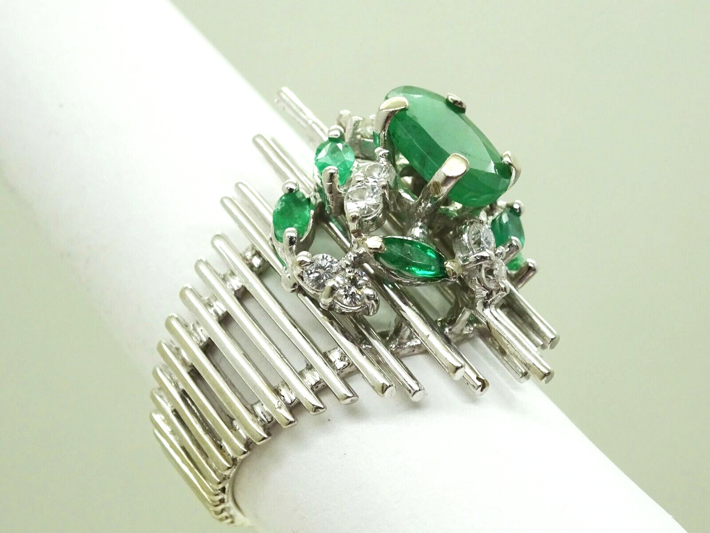 1.61ct tw Natural Emerald & Diamond Open Bar Ring 14k White Gold Size 7.5