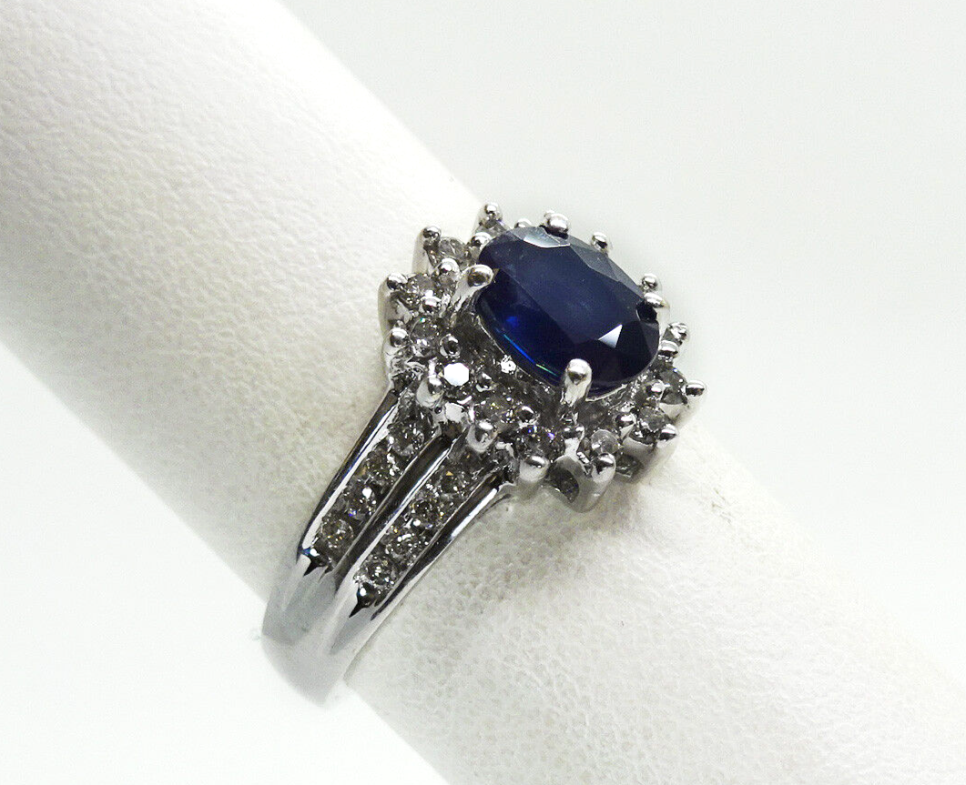 Genuine Diamonds & Sapphire Ladies Ring 14k White Gold Signed, Size 7