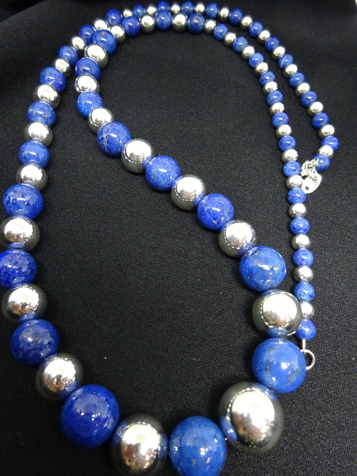 Natural Lapis Lazuli and Sterling Silver Bead Necklace 30" Extra Long