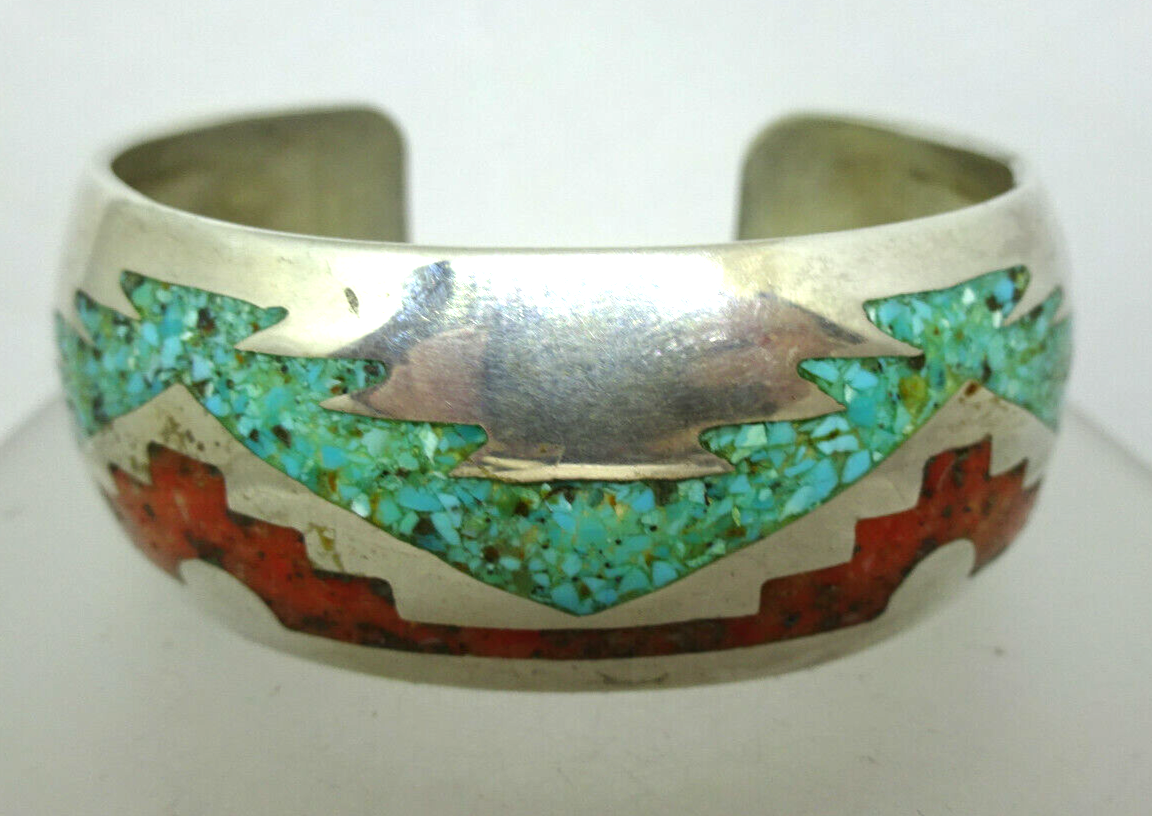 Signed Southwestern Turquoise & Coral Inlay Sterling Silver Cuff Bracelet