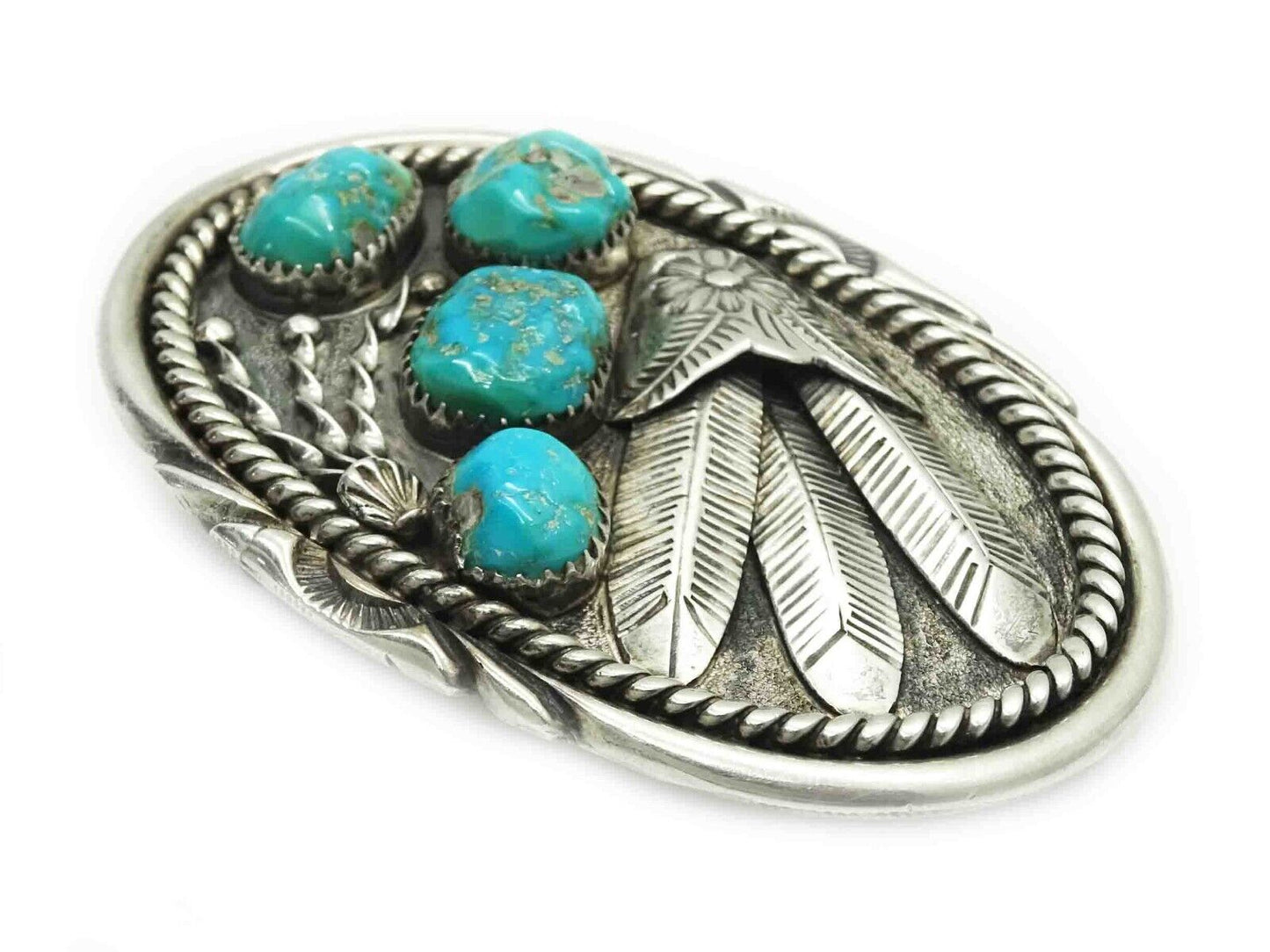 Native American Turquoise Nugget Feather Design Belt Buckle Sterling Silver