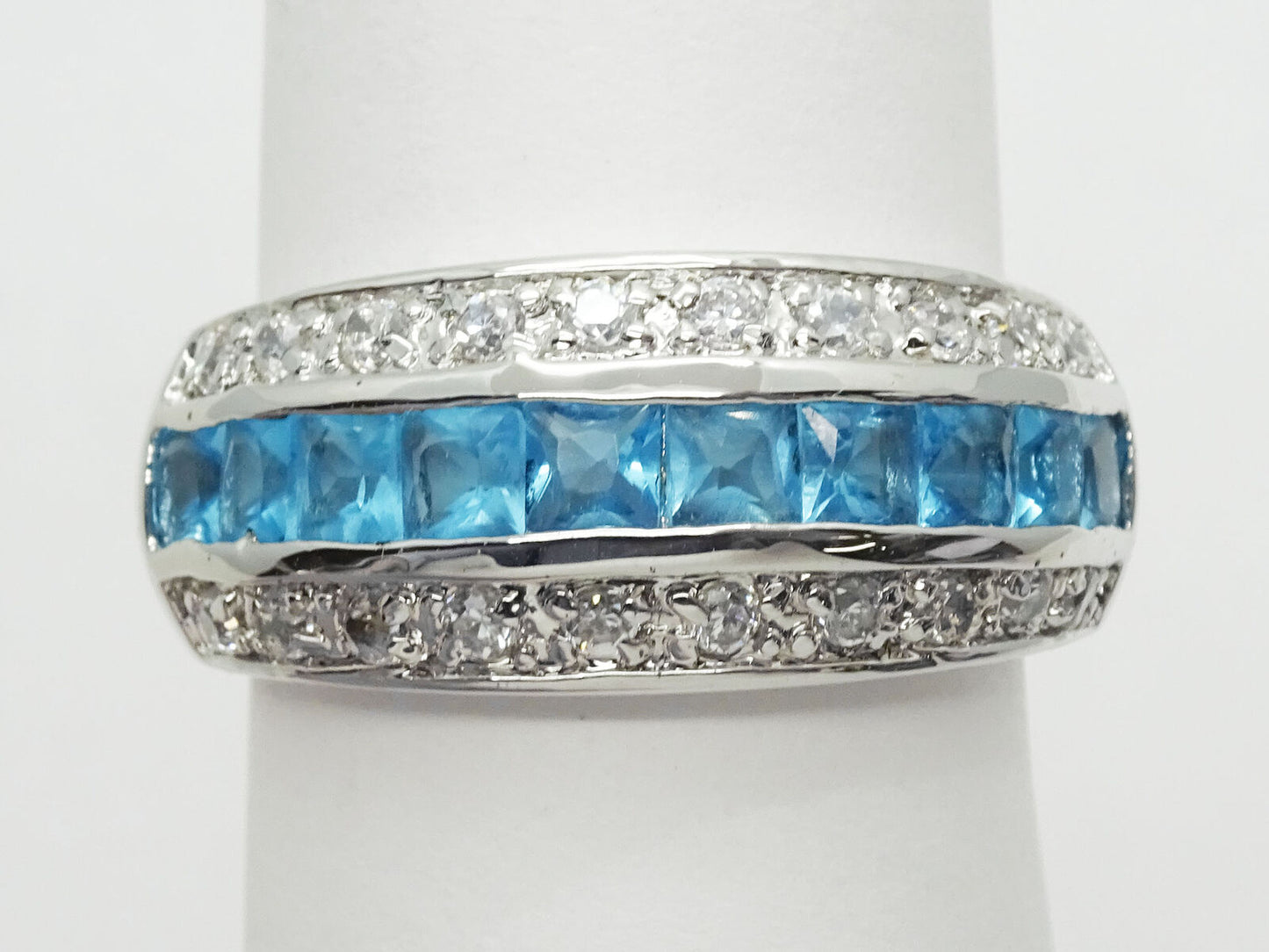 Princess Faux Blue Topaz & CZ 3-Row Band Ring, Size 10