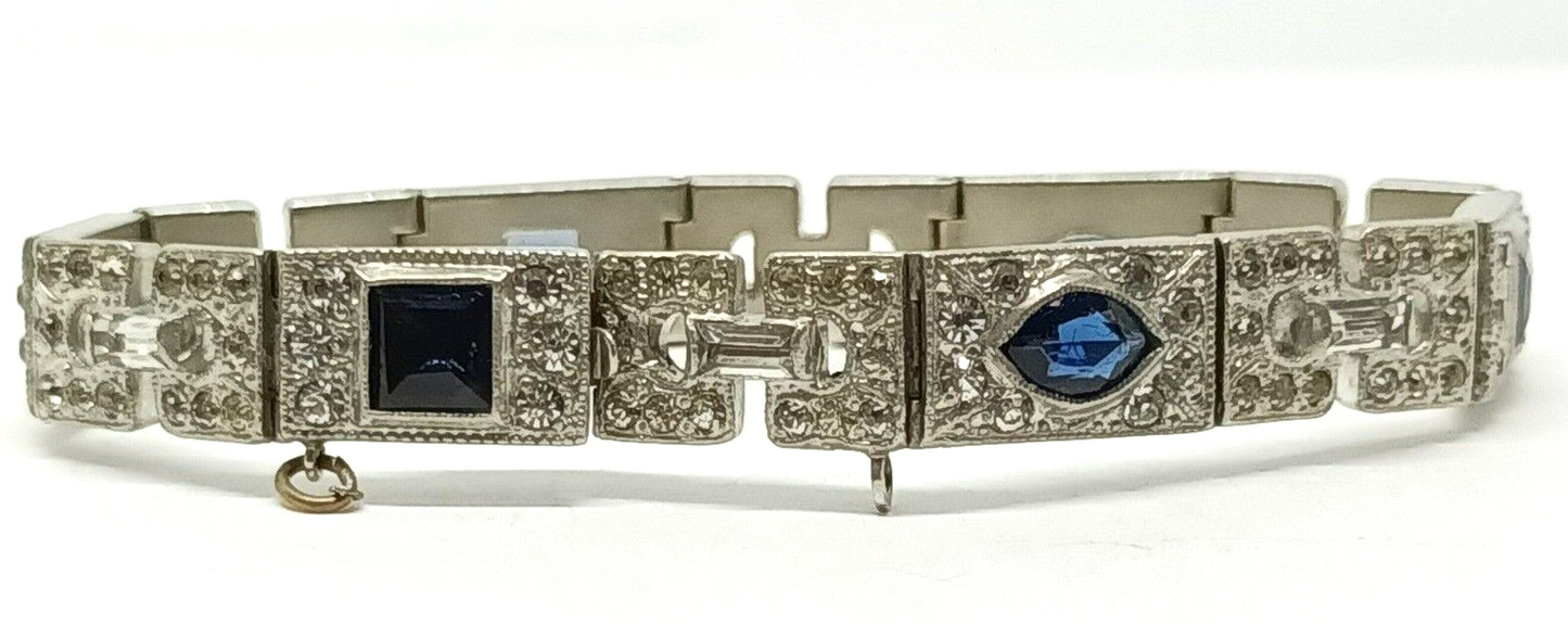 Antique Art Deco Rhinestone Bracelet Dark Cobalt Blue & Clear Sparkly Crystals
