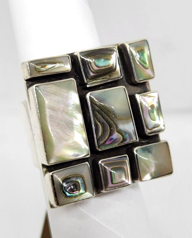 Checkerboard Natural Abalone Shell Sterling Silver Ring, Size 6