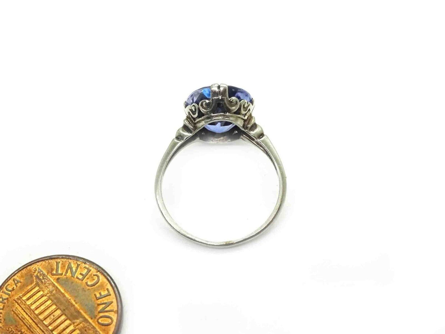 Victorian Lab-Created Synthetic Sapphire Filigree Ring 14k White Gold Size 6.25