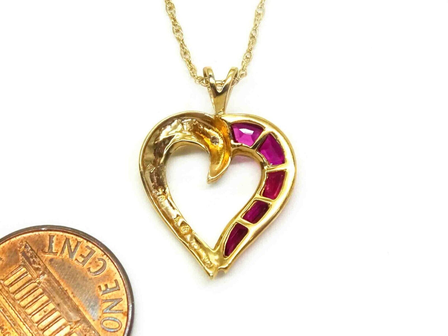 CZ & Natural Ruby Heart Half Charm Pendant Necklace 10k Gold