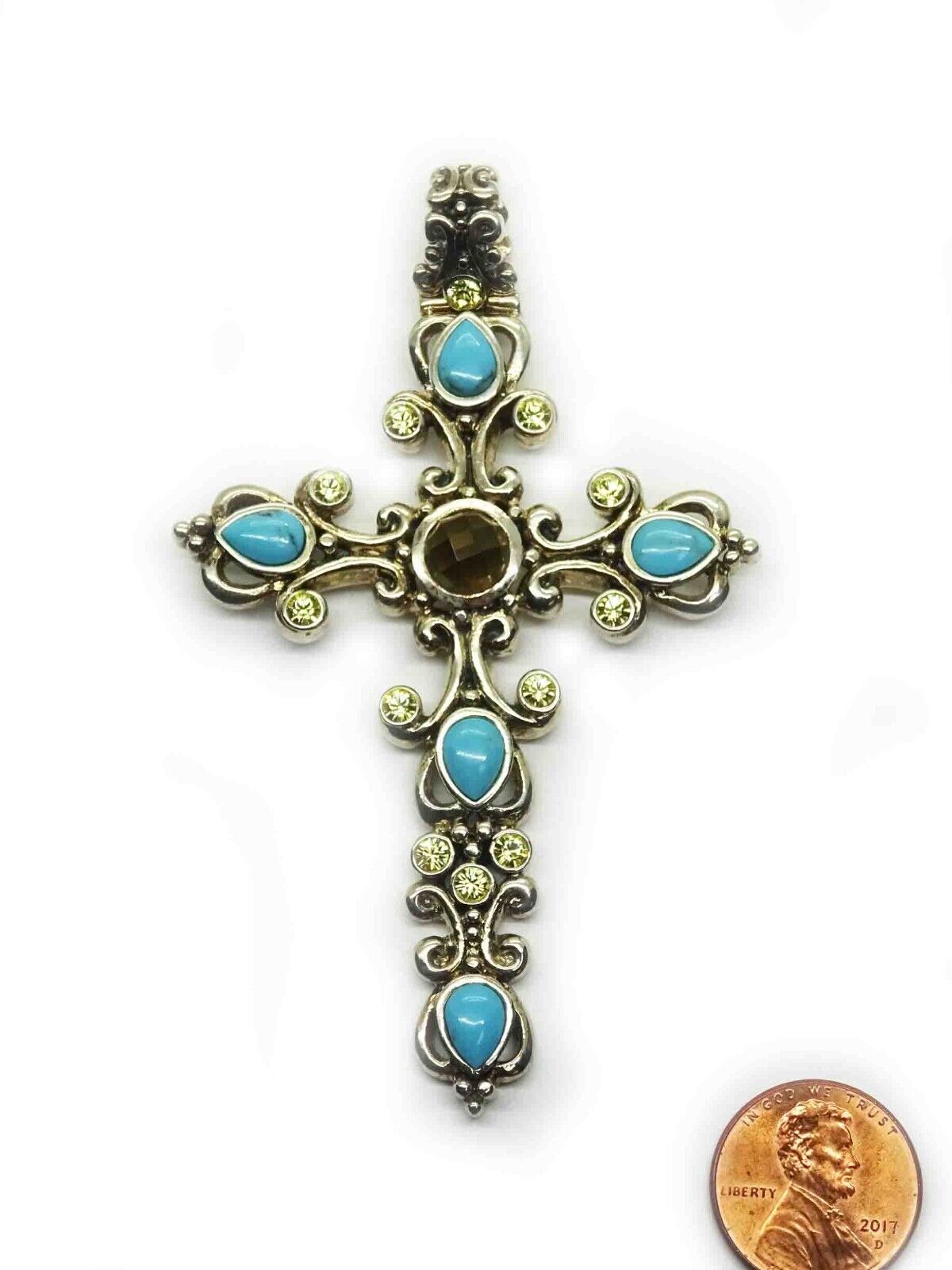 Barse Designer Turquoise CZ Smoky Quartz Sterling Silver Cross Pendant