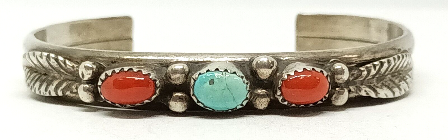 Alice Long Native American Turquoise & Coral Sterling Silver Cuff Signed 24.2g