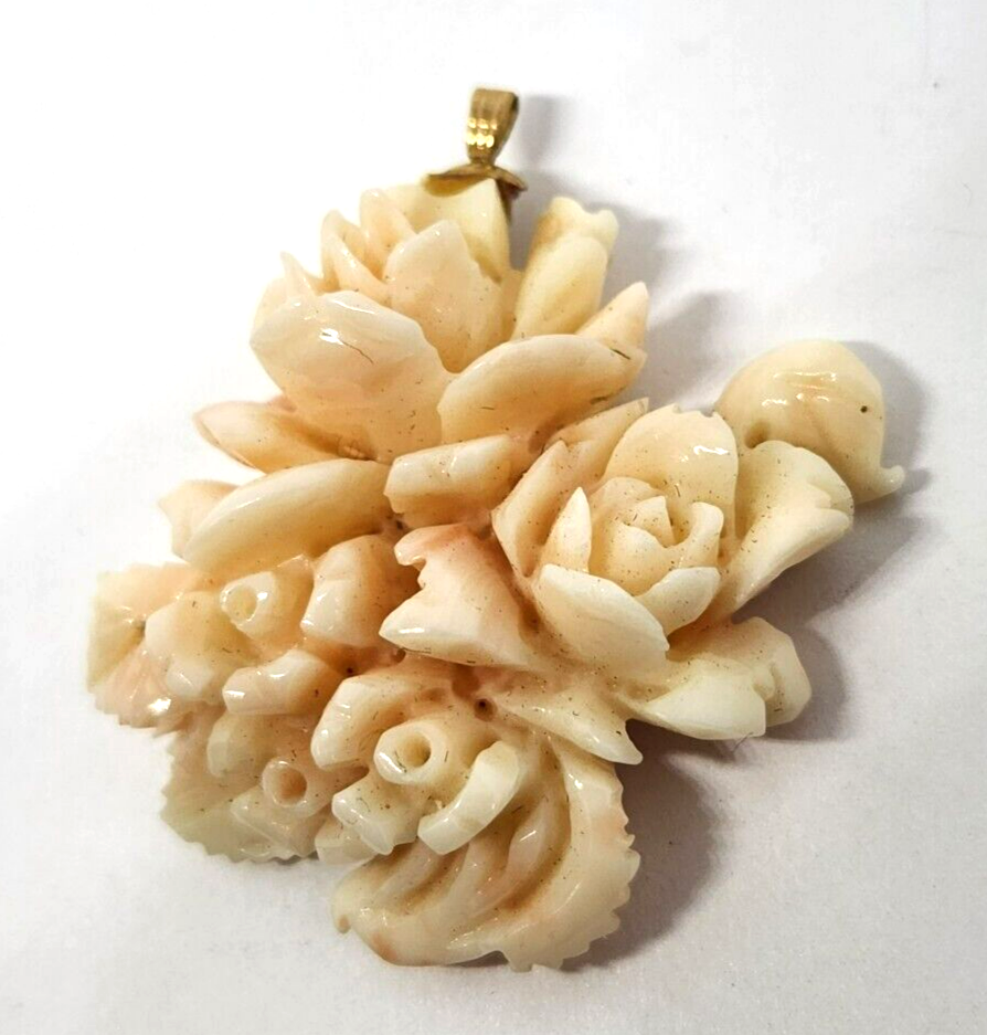 Carved Floral Angel Skin Coral Gold Filled Pendant 1.75" Long