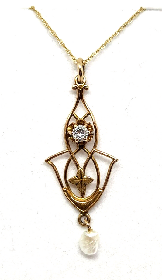 Victorian Lavalier 0.1ct Diamond & Seed Pearl 10k Gold Pendant, 18'' Long