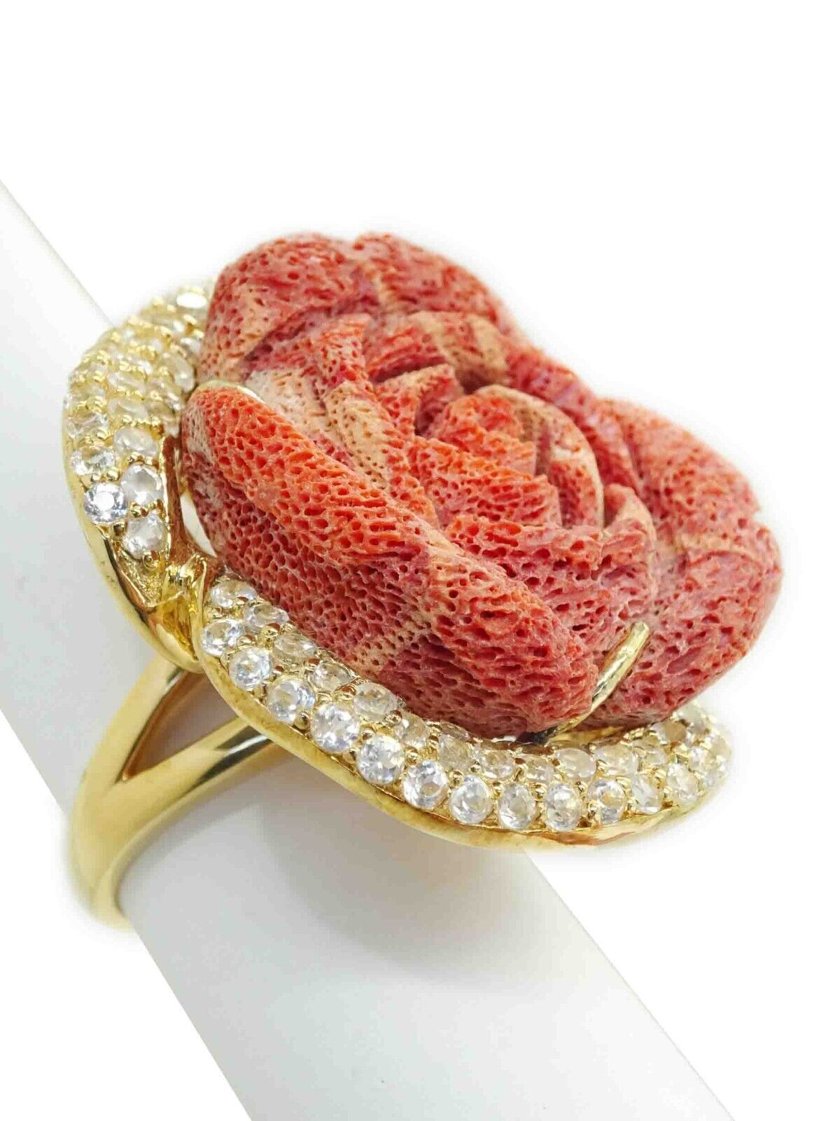 Estate Hand Carved Oxblood Red Coral & White Topaz Sterling Vermeil Ring Size 8