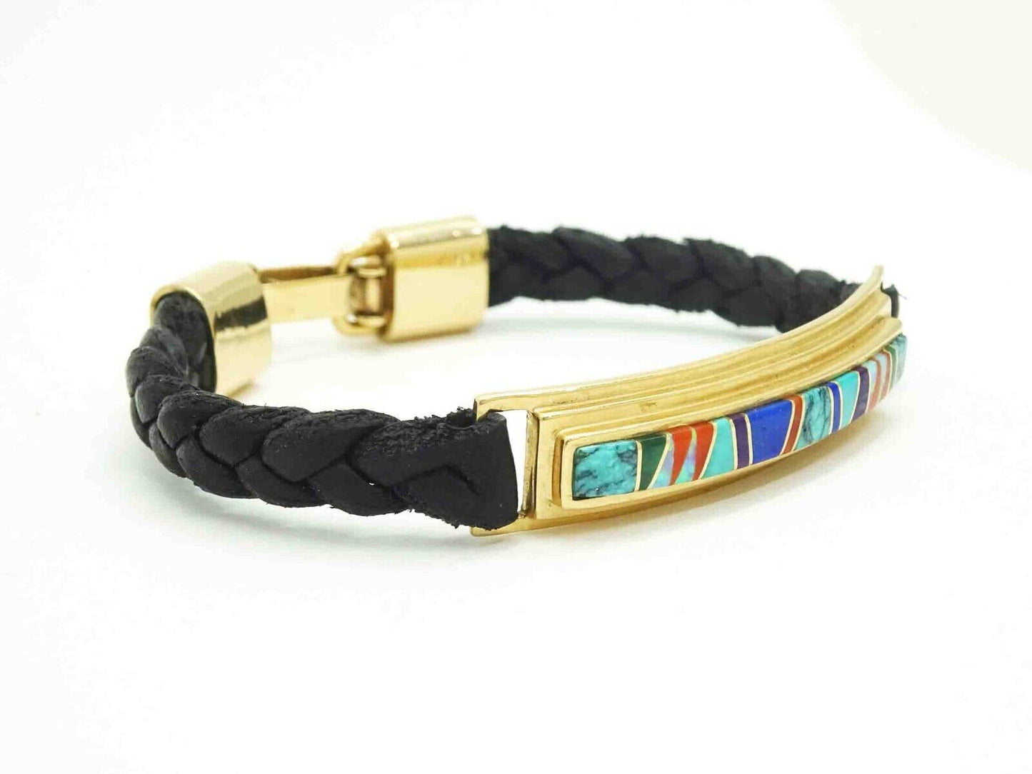 Calvin Begay TSF Navajo Center Station Inlay Bracelet 14k Gold & Leather