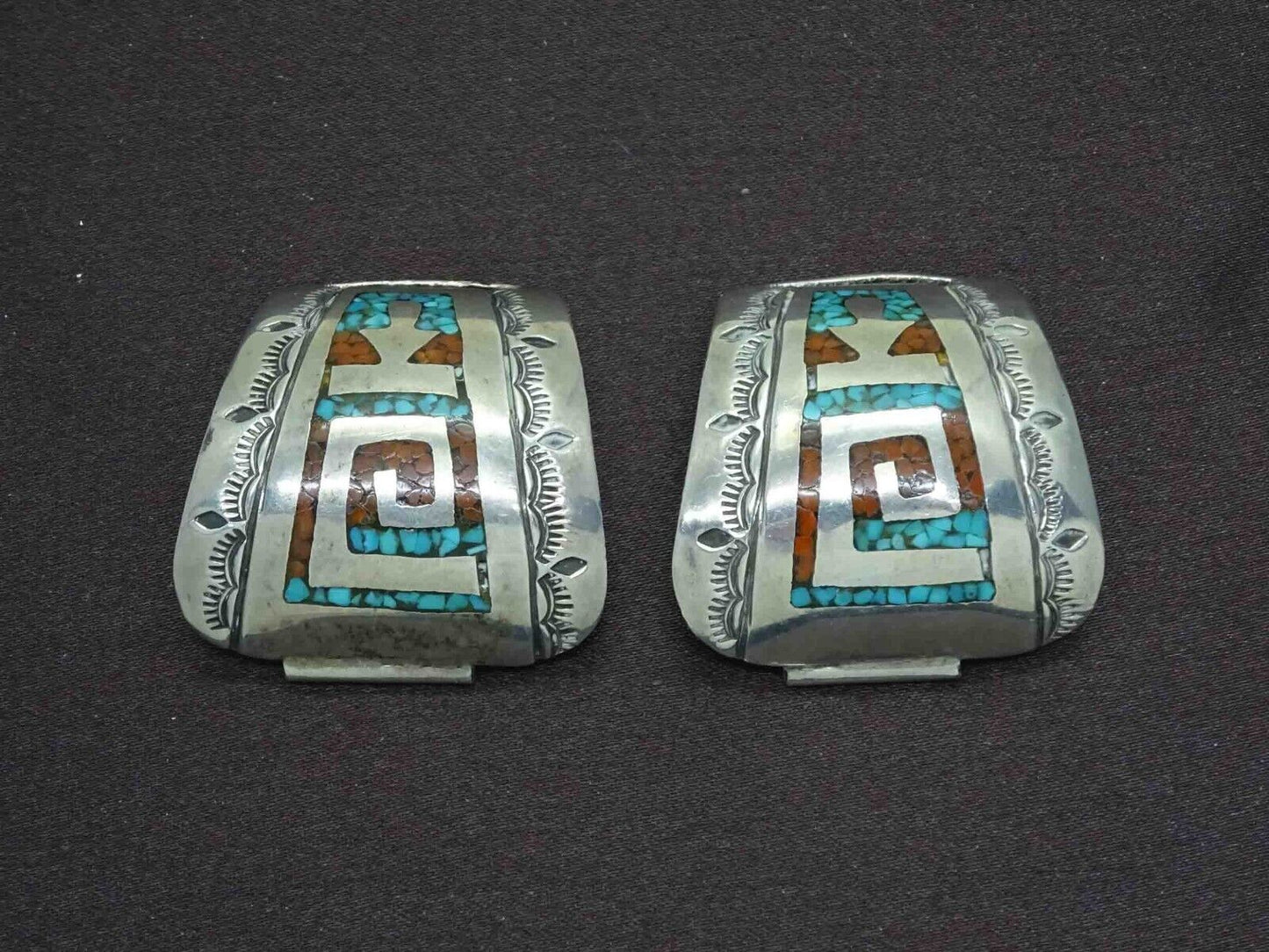 Native American Navajo Herman Coan Inlay Coral & Turquoise Sterling Watch Tips