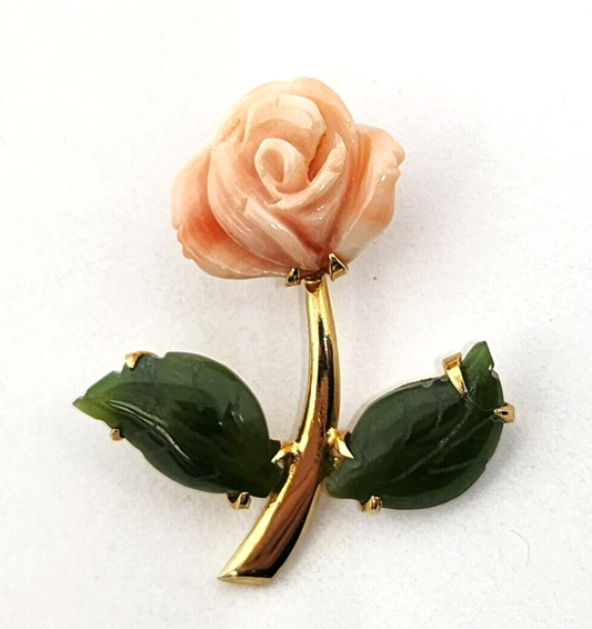 Carved Angel Skin Coral Rose Flower Nephrite Petals Gold Filled Pendant