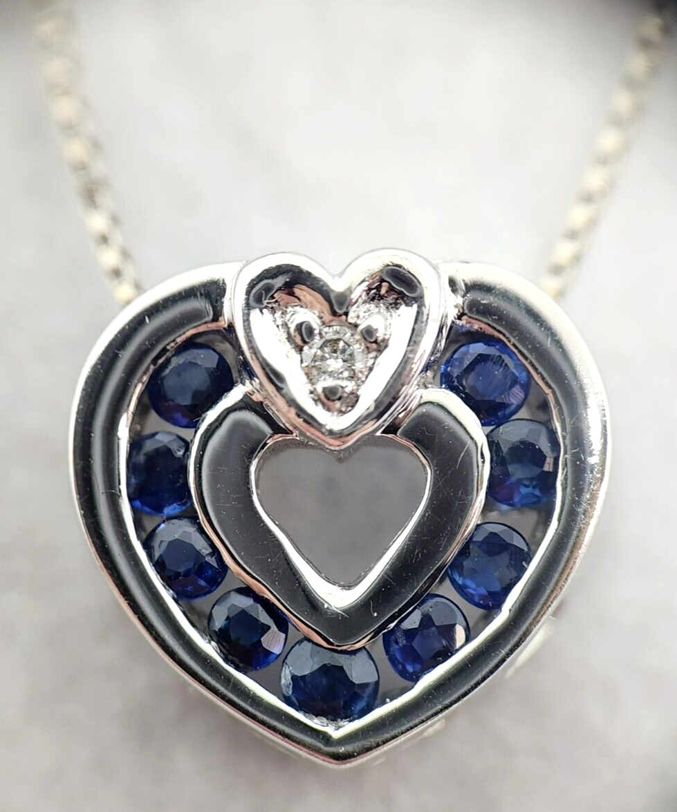 14k White Gold Sapphire & Diamond Heart Pendant W/ 14k Gold Box Chain, 23'' Long