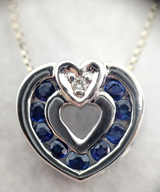 14k White Gold Sapphire & Diamond Heart Pendant W/ 14k Gold Box Chain, 23'' Long