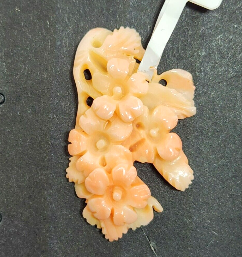 Carved Floral Angel Skin Coral Charm 1.25" Long