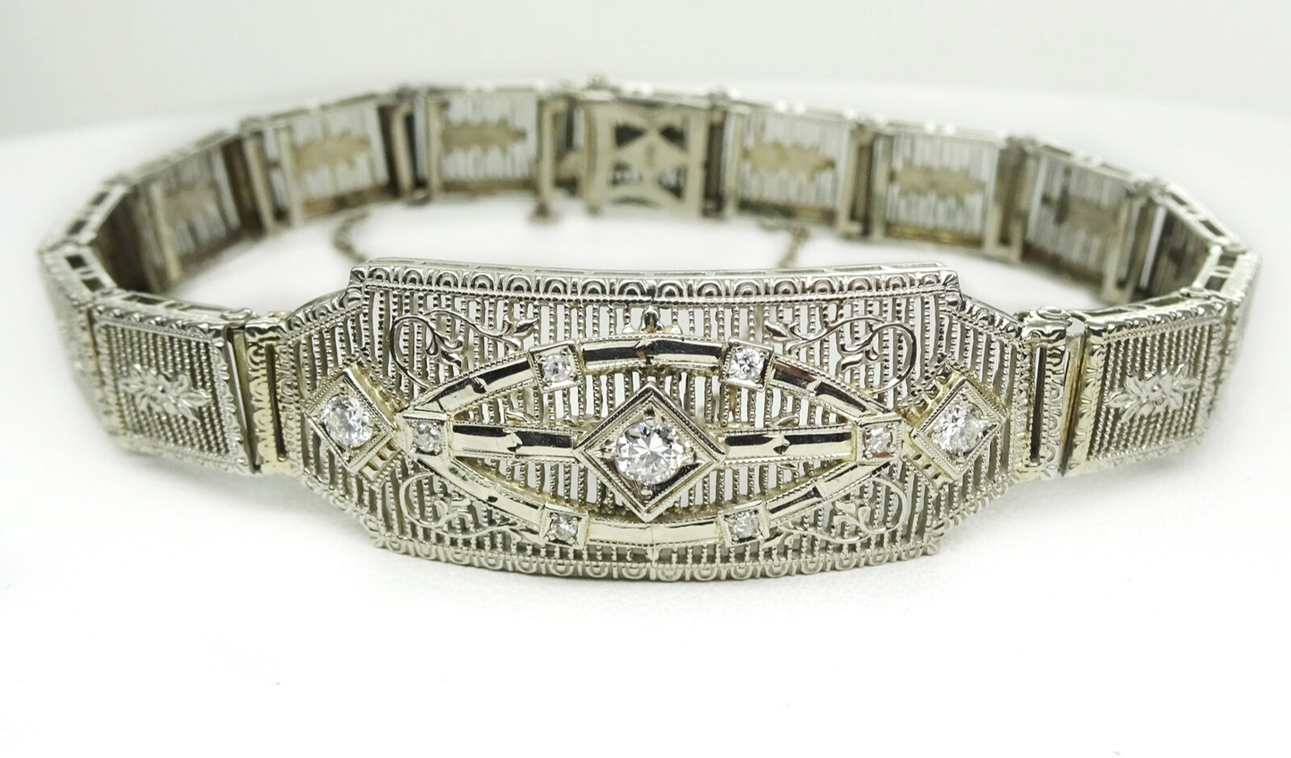 Vintage Art Deco 14k White Gold Diamond Station Bracelet