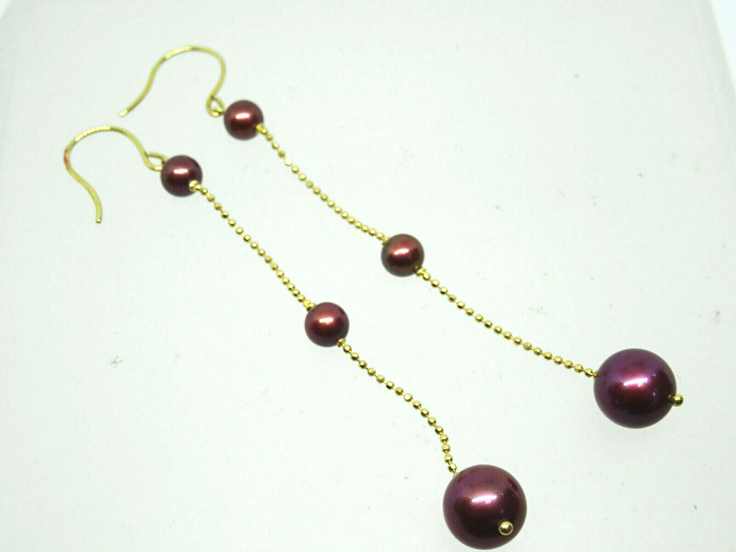 Red Dyed Pearl Dangle Earrings 10K Gold 3" Long