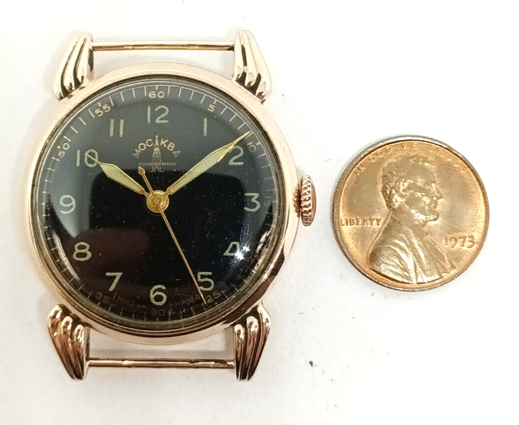 1950's Vintage Soviet Russia MOCKBA 14k Rose Gold Watch W/ Black Radium Dial