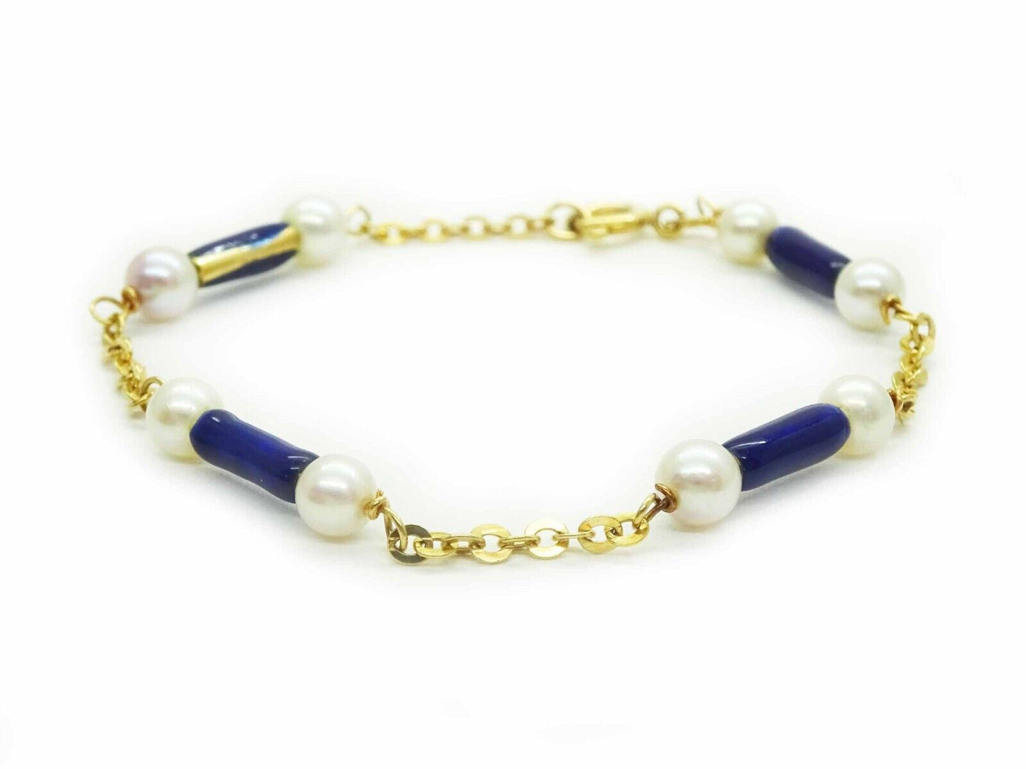 Estate Italian Cobalt Blue Enamel & Pearl Station Link Bracelet 18k Gold