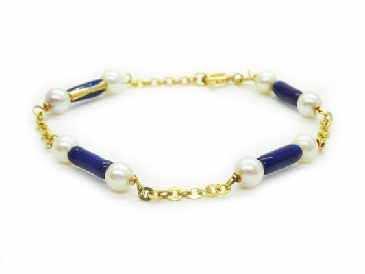 Estate Italian Cobalt Blue Enamel & Pearl Station Link Bracelet 18k Gold