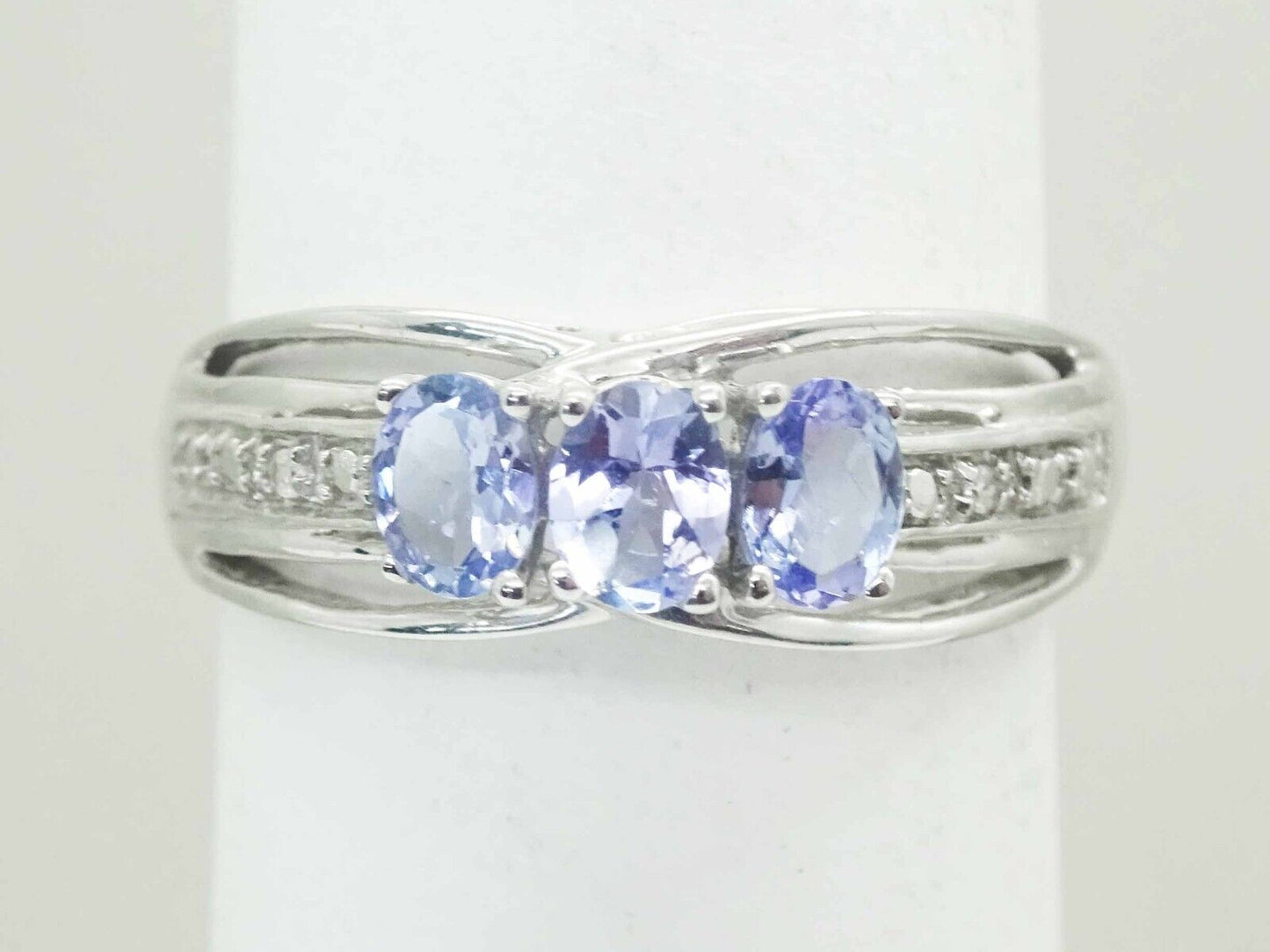 3-Stone Natural Blue Amethyst & Diamond Filigree Ring 10k White Gold Size 7