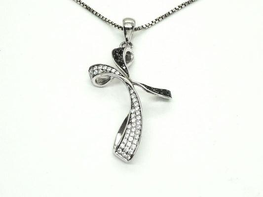 Black & White CZ Fancy Ribbon Cross Pendant Box Chain Sterling Silver